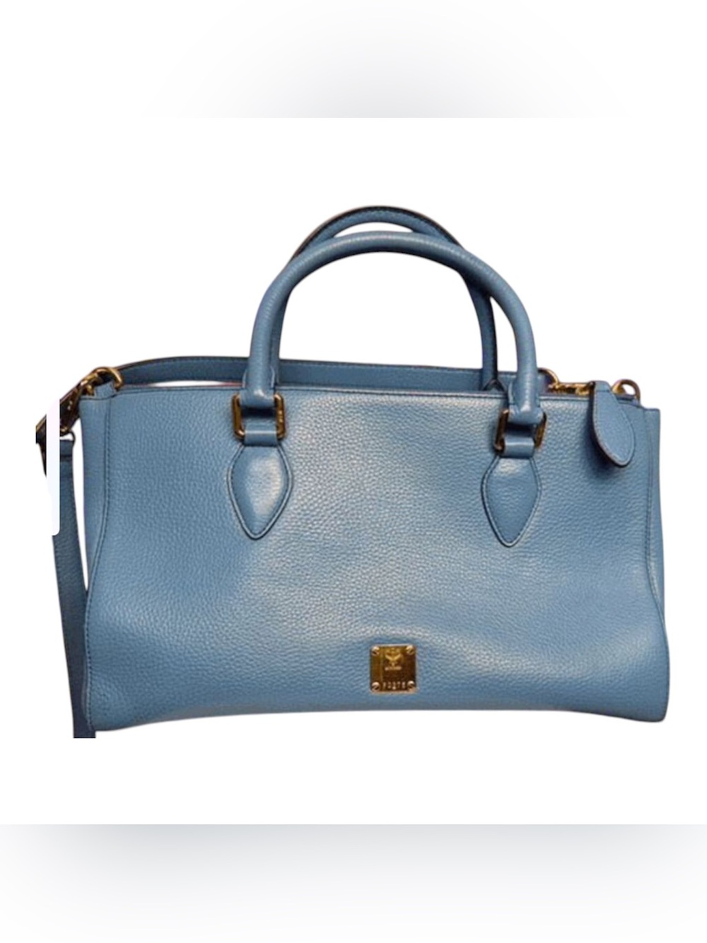 MCM Blue Pebbled Leather Double Zip Satchel Handbag Crossbody Strap